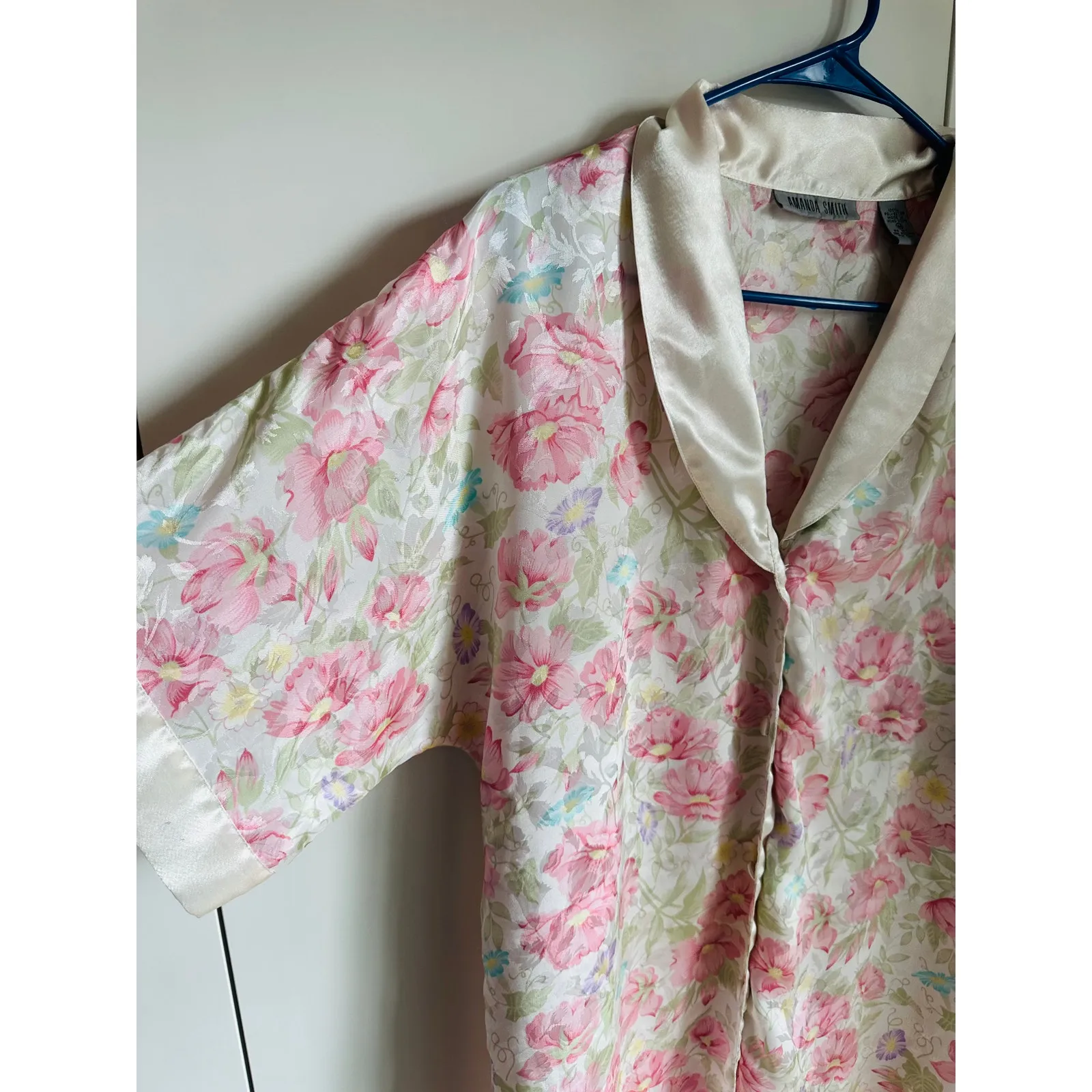 Vintage 80s floral Print Satin Nightgown Pastels size Medium Pink white - Image 6
