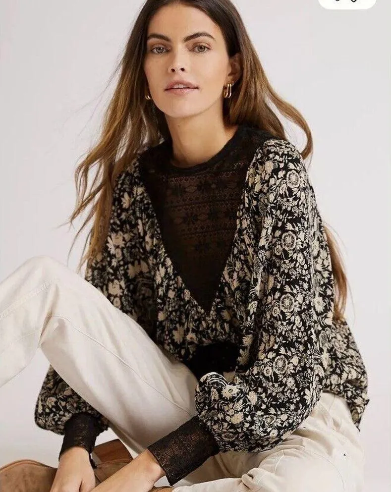 Antik Batik Black Floral Print Amel Cotton Gauze Top With Lace XS/ 36 - Image 7