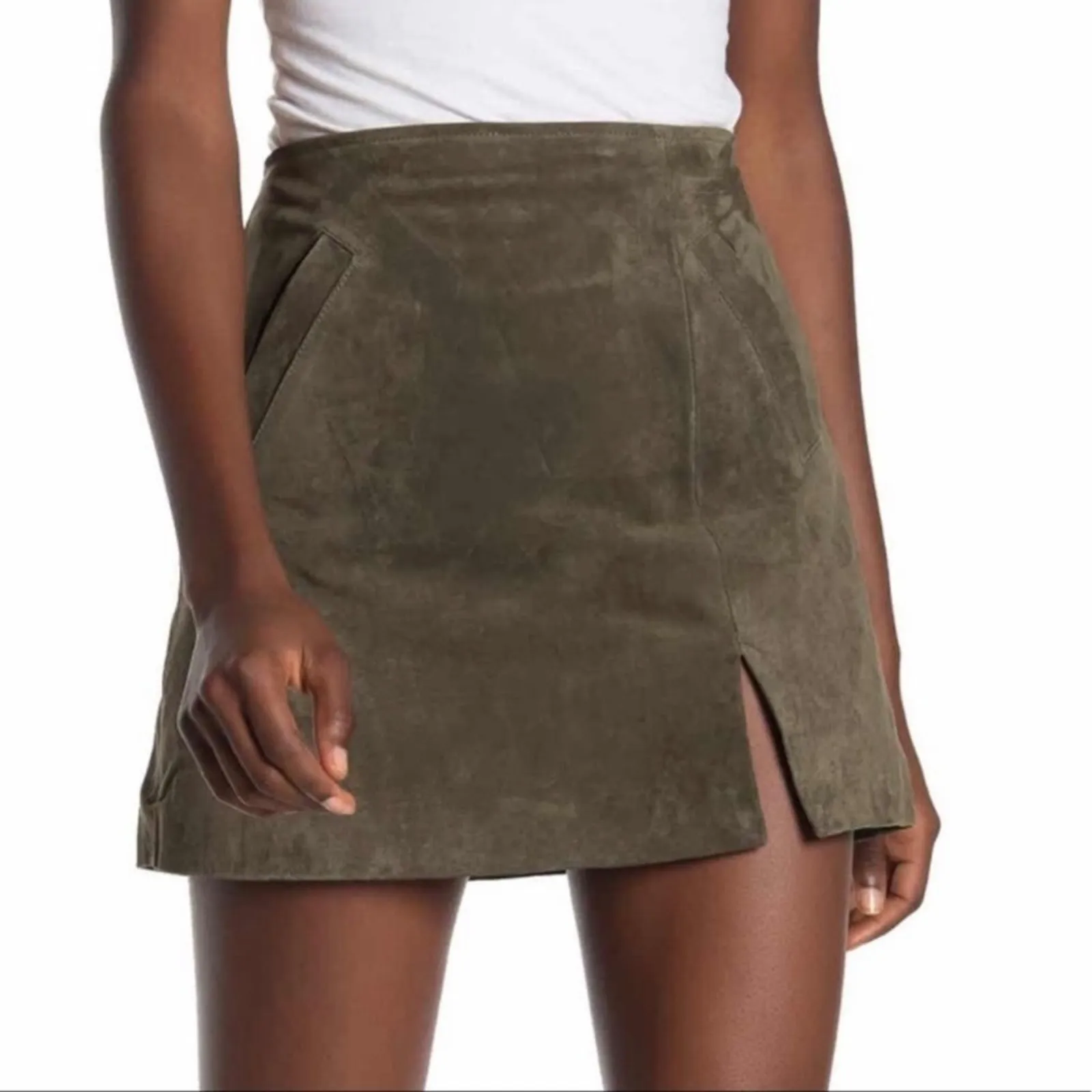 Blank NYC size 29 Mini SkirtTaupe 100% Suede Leather Y2K Exposed Back Zipper - Image 2
