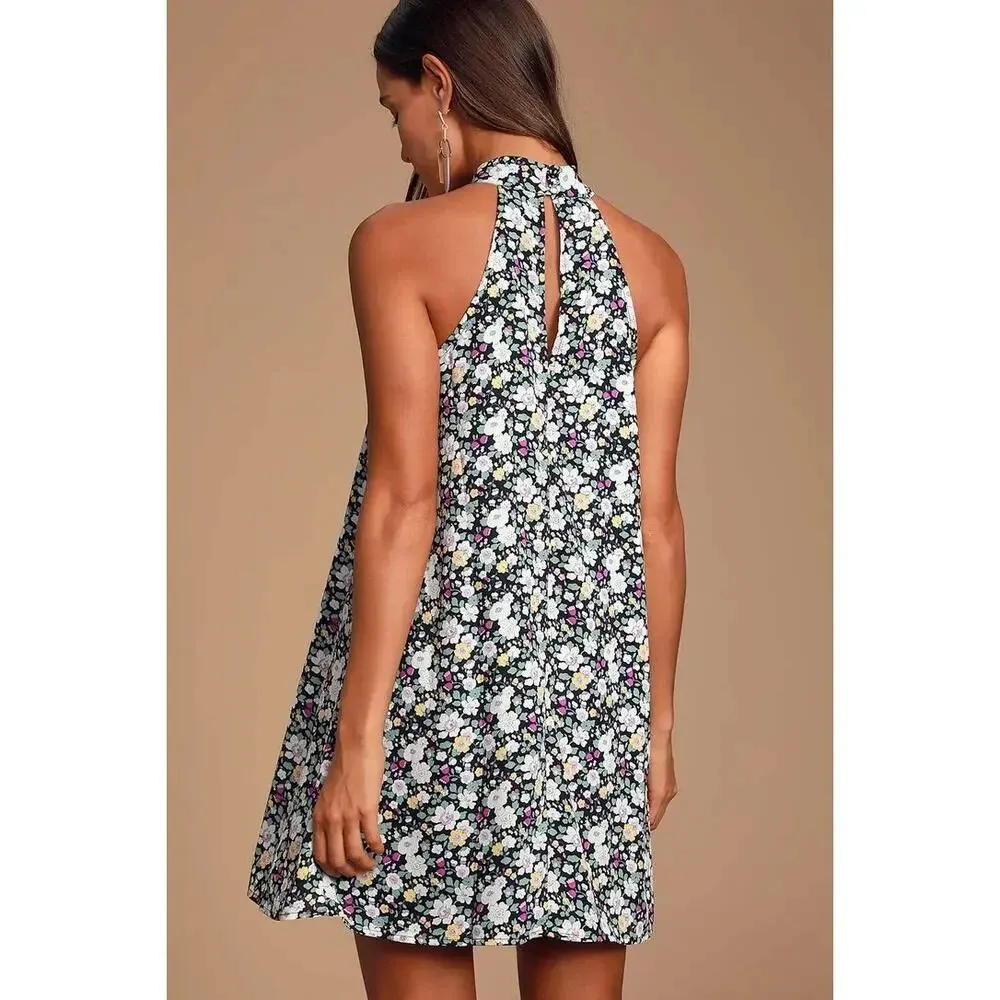 Lulus Women's XS Black Floral Halter Swing Dress Short Casual‎ - Image 4