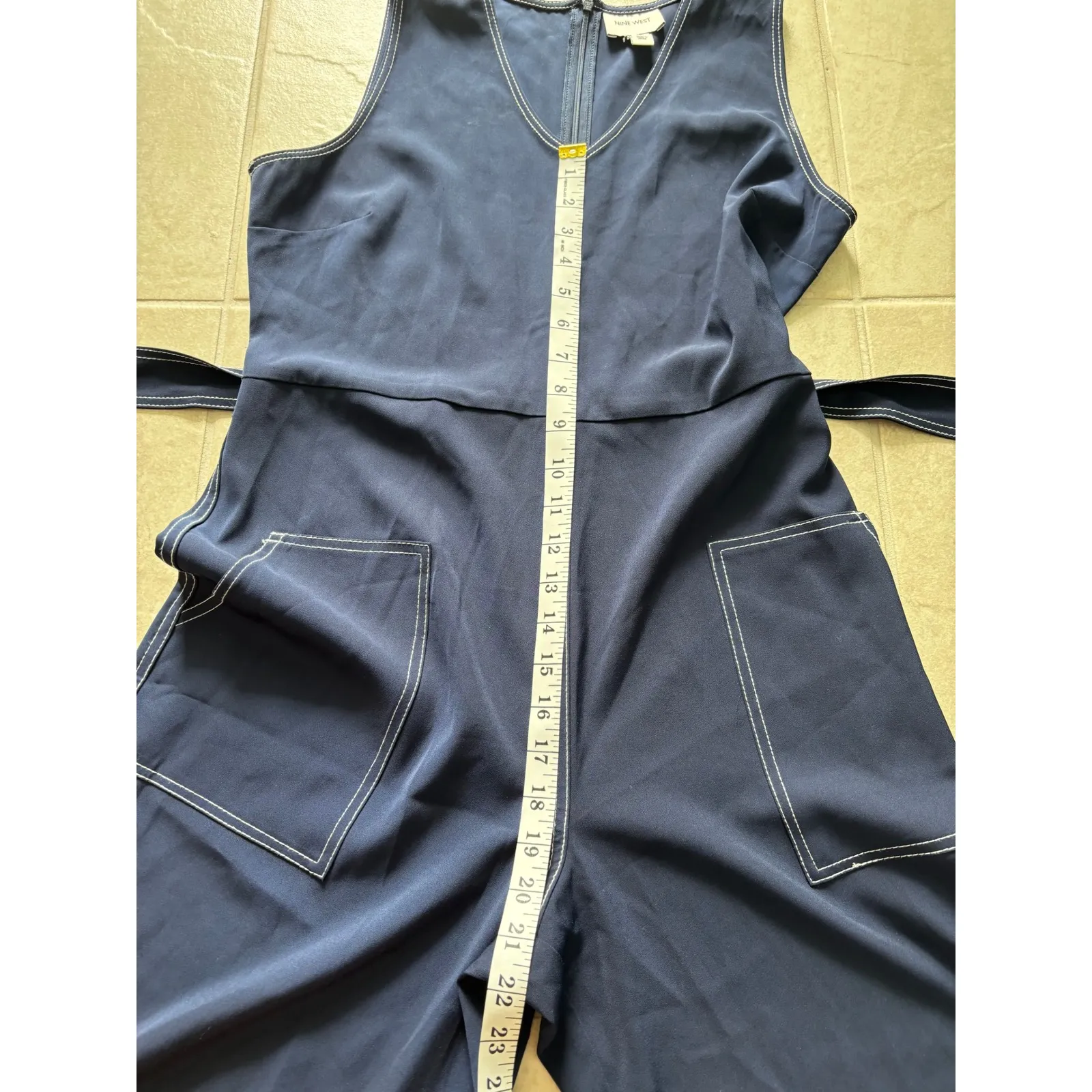 Nine West Jumpsuit‎ Womens PM Navy White Stitch Wide Leg Utility Travel Nautical - Image 8