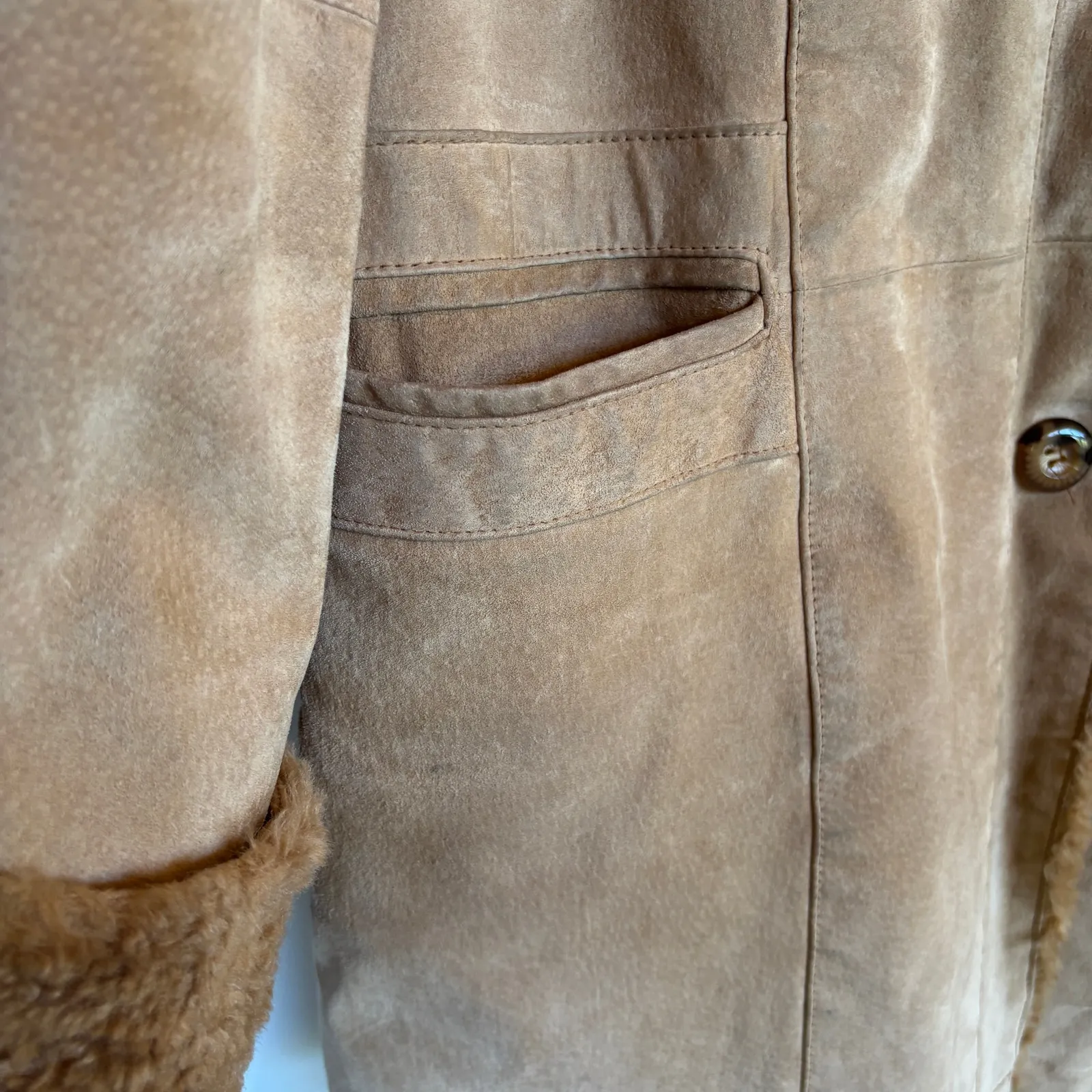 Vintage Leather Pennylane Coat Faux Fur Trim Longline Winter Heavy Hooded Medium Tan - Image 6