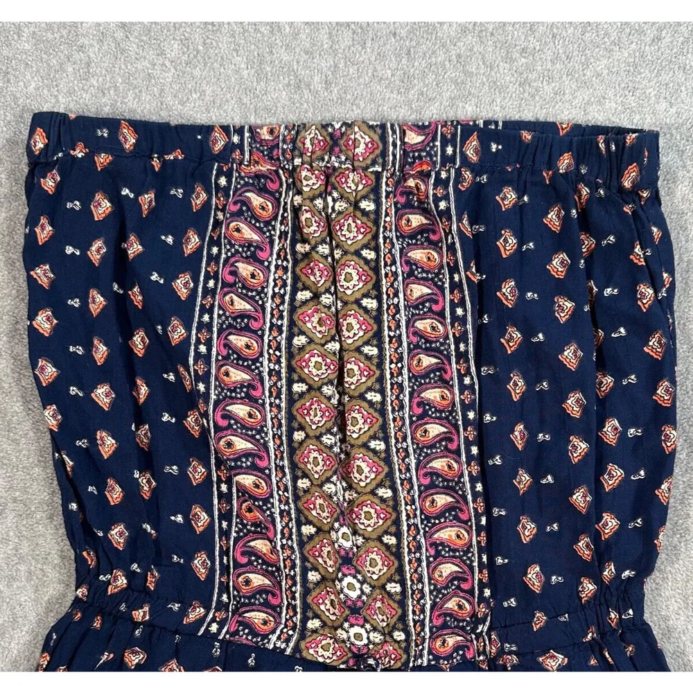 Angie Strapless Romper Size Small Navy Blue Paisley Gathered Waist Festival Boho - Image 2