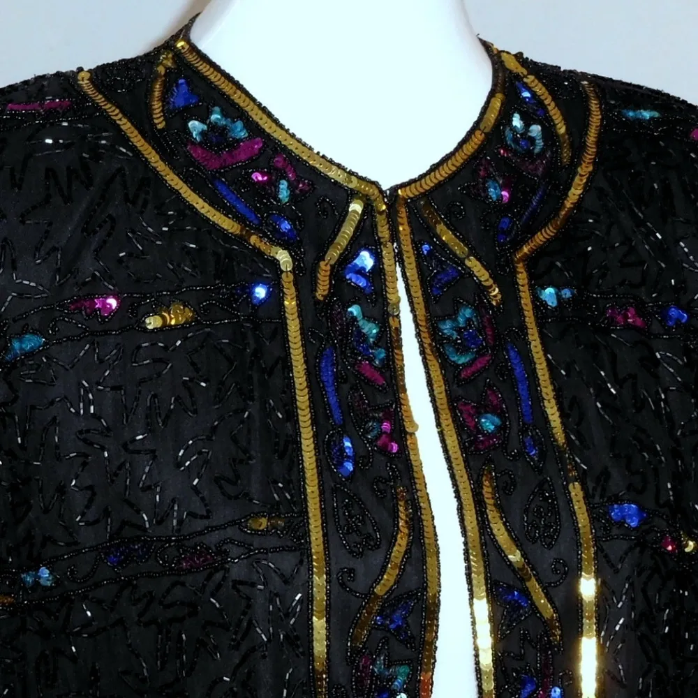 Vintage 90's Y2K BRILLIANTE Beaded Black Silk Evening Jacket Size Large Party - Image 2