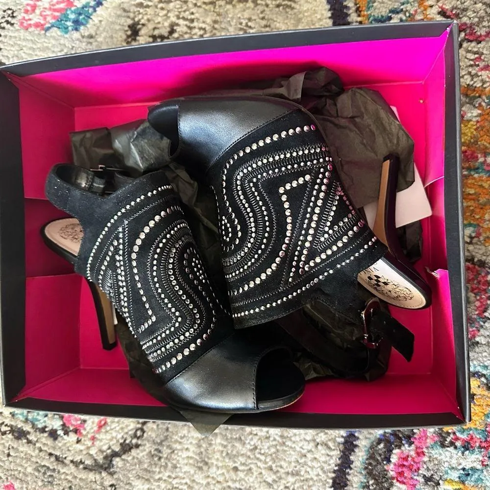 Like NEW Camuto Yolana Black Leather Suede Slingback Peep Toe Sandal Heels Shoes - Image 5