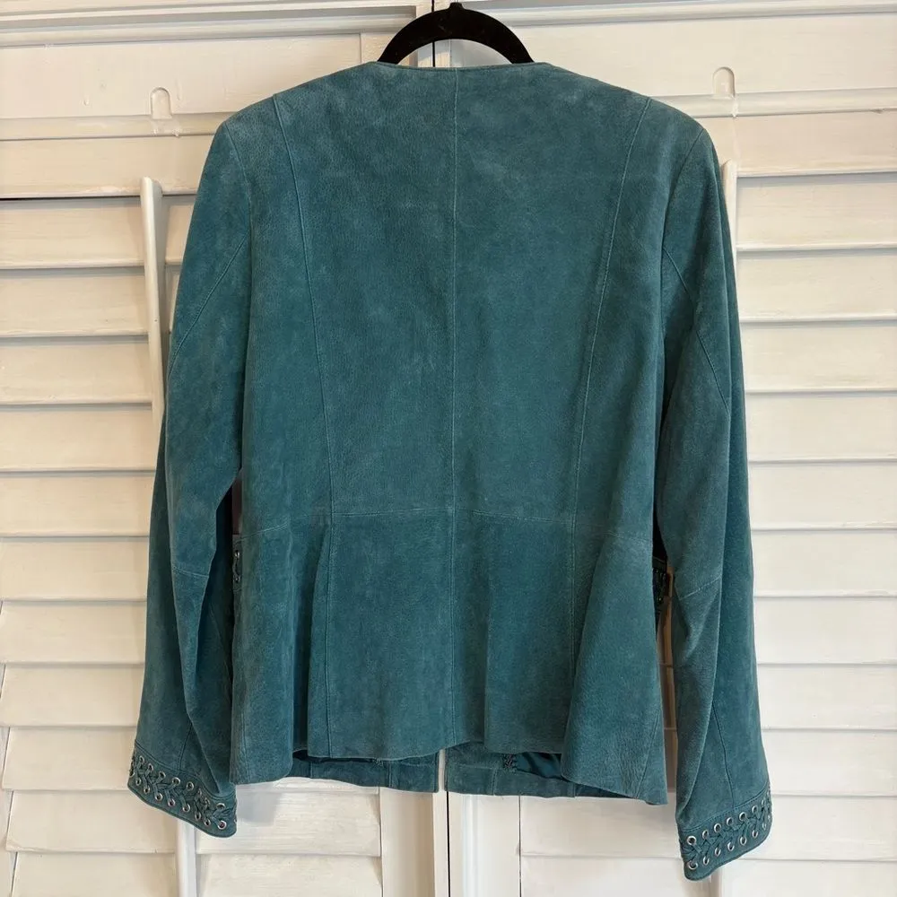 Bradley Teal‎ Leather Lace Detail Jacket Size Medium Blue - Image 2