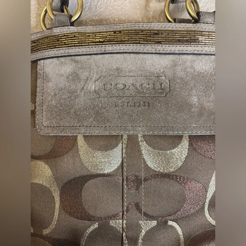 Coach Signature  Sparkle Suede/Canvas Beaded Metallic Brown Tote Bag - Image 2
