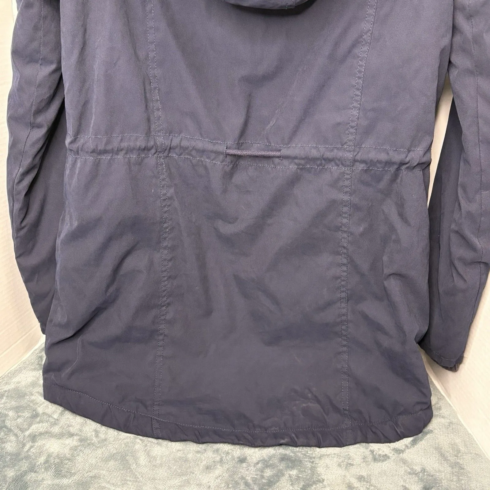 Women’s Aeropostale Navy Parka Jacket Faux Fur Hood Y2K Size Medium Blue - Image 6