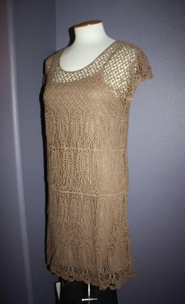 NWT Solitaire by Ravi Khosla Brown Boho Crochet Cap Sleeve Dress w/ Slip S - Image 4