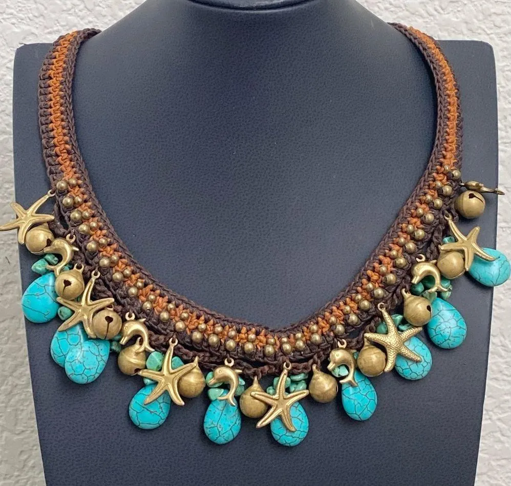 Unsigned Faux Turquoise Starfish Dolphin Beach Theme Crocheted Bohemian Necklace Blue - Image 2