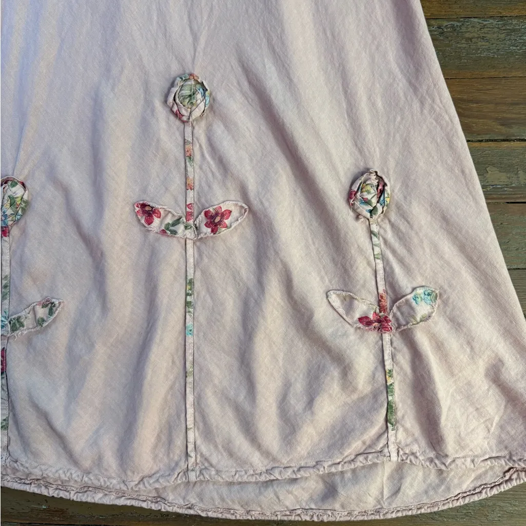 100% Lin Blanc Linen Maxi Dress w Floral Embellishment ~ Size 46 (US 10) 💛🍄 Pink - Image 5