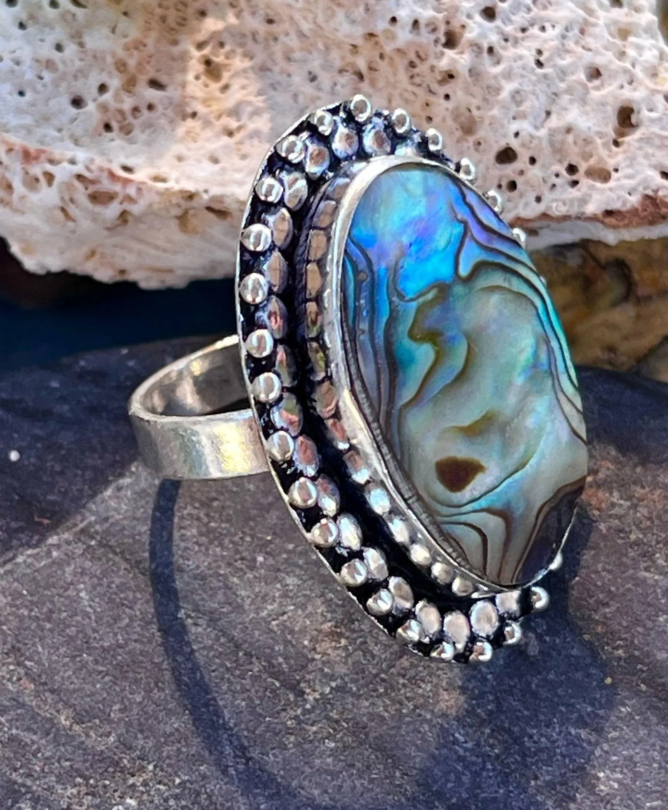 Handcrafted Natural Abalone Shell Silver Ring Sz 6.5 - Image 2