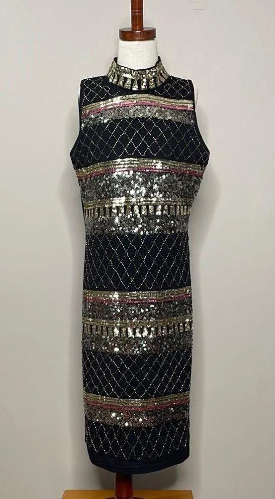 Suzy Sheer Black and Gold Embellished Sequin Cocktail Dress Size Small - Image 1