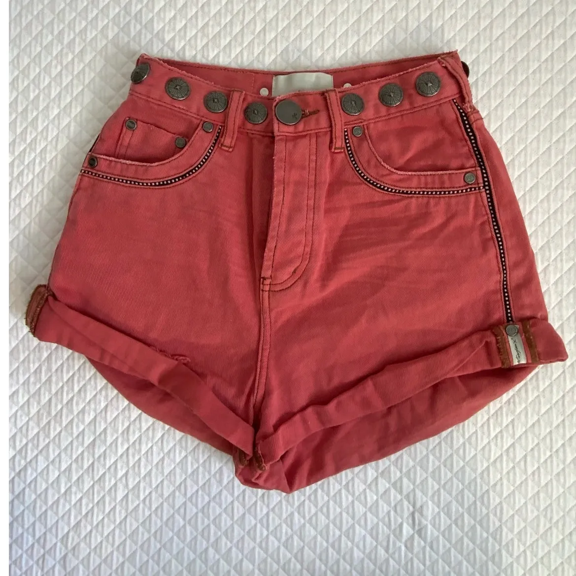 ONETEASPOON WOMENS CORAL STUDDED HIGH WAIST DENIM SHORT -‎ CORAL - Image 4