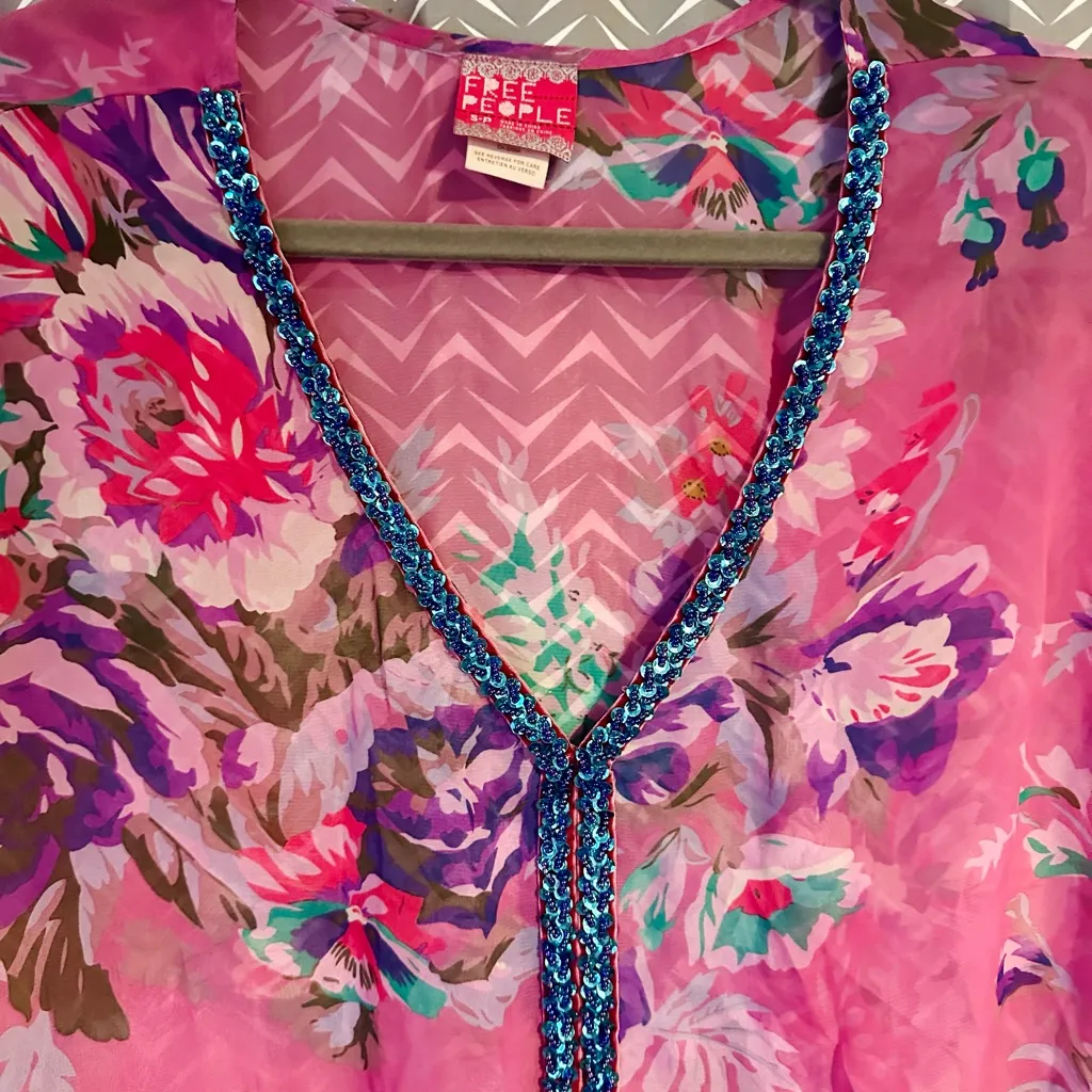 Free People | Sheer Floral Sequin Kimono Blouse, Size S - Image 2