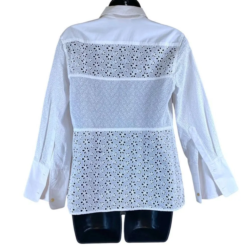 Tory Burch Ivory Eyelet Patchwork Button Down 3/4 Sleeve Shirt - Image 5