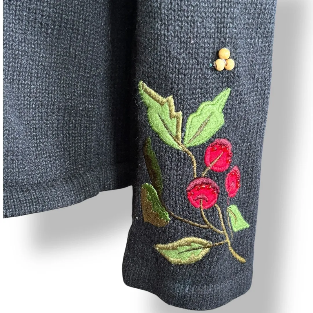 Vintage Tiara International Fall Embroidered Knit Cardigan Sweater Jacket Zip Up Black Size L - Image 5