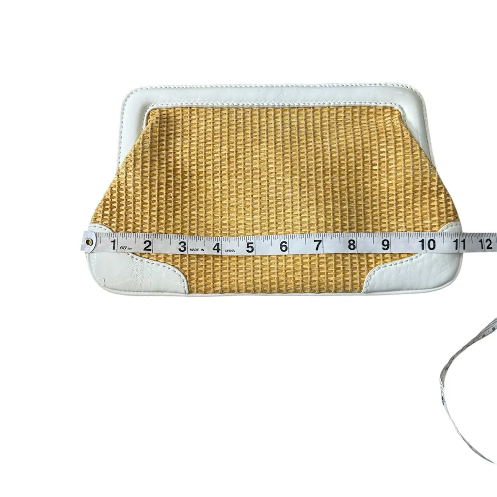 J Crew Straw White Faux Leather Trim Clutch‎ Bag Checkered Interior - Image 7