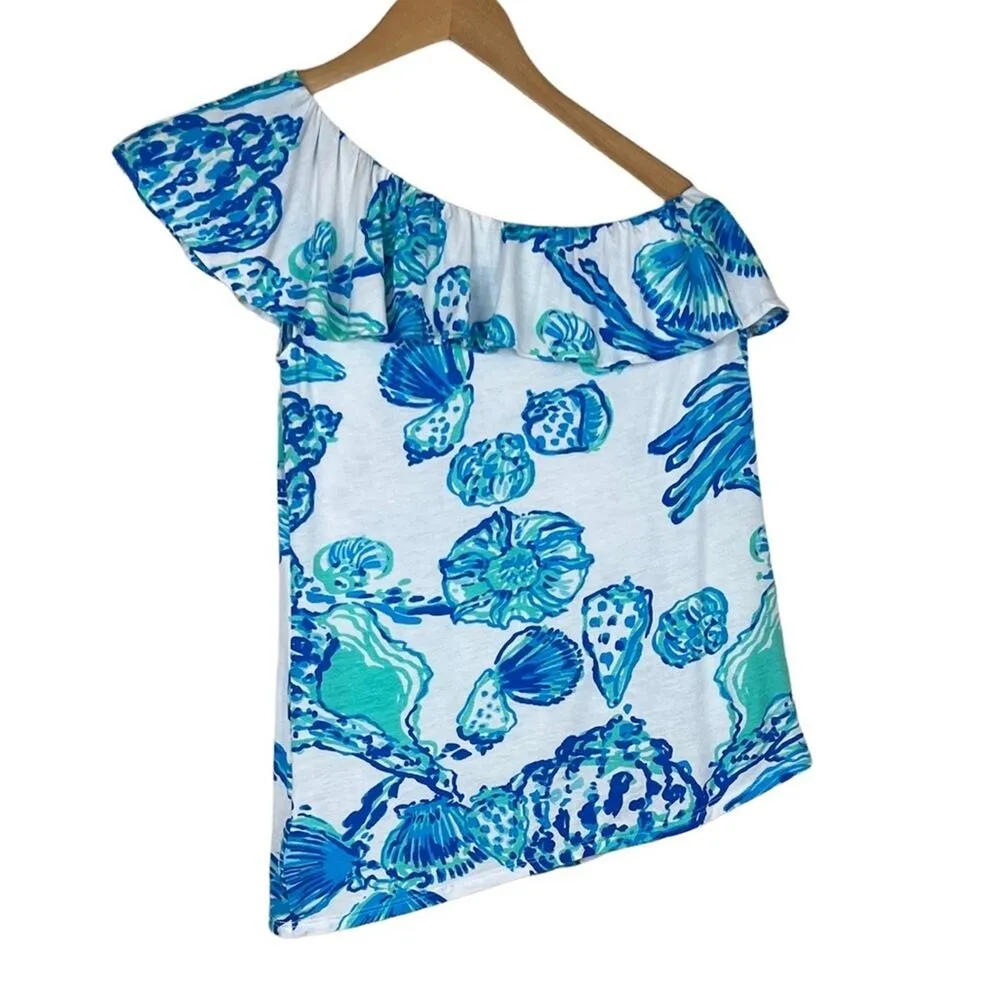 Lilly Pulitzer Neveah blue seashells ruffle one shoulder top blouse beach XS - Image 8