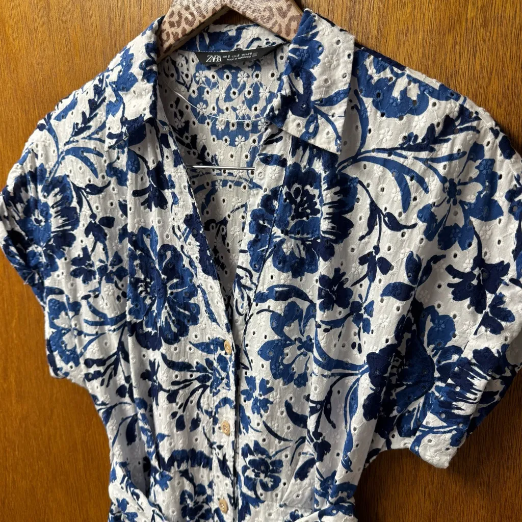 Zara Short Sleeve Midi Dress Openwork Embroidery Eyelet Floral Blue Small S - Image 9