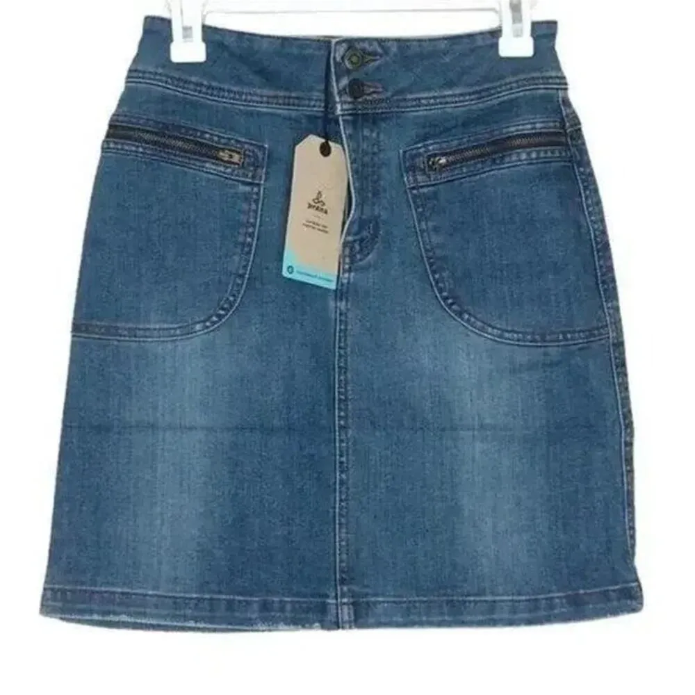 NWT prAna Broadway Denim Mini Jean Skirt Zipper Patch Pockets 2 True Blue #3228 - Image 13