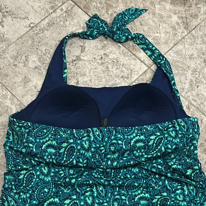 Lands End Plus Size Long Torso Square Neck Halter Tankini Swim Top 22W/L Blue - Image 9