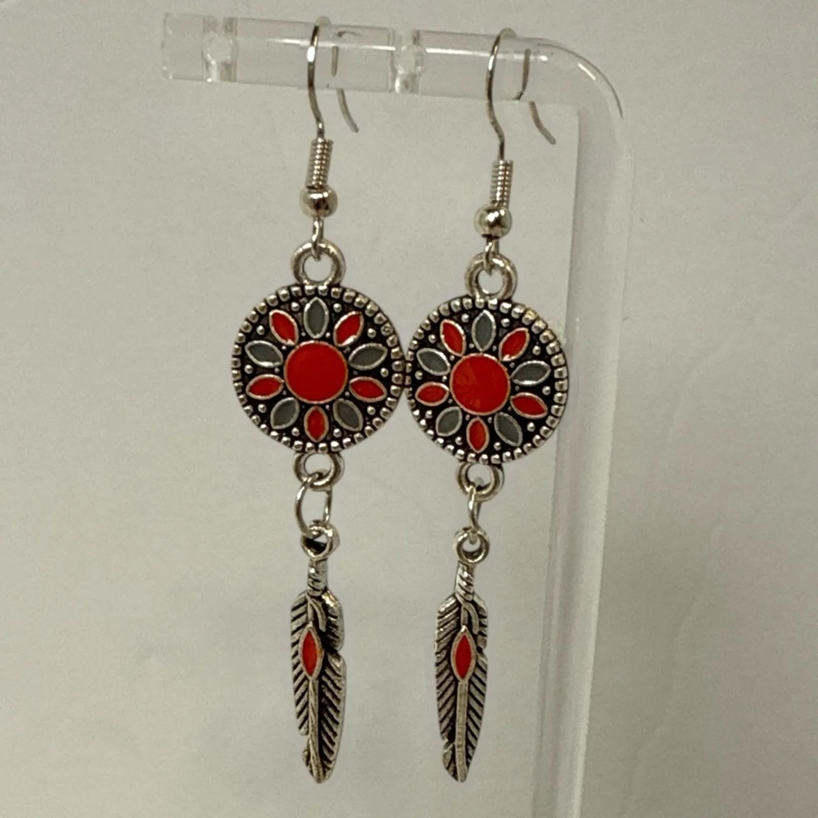 Silver & Red Boho Feather Dangle Earrings Western Mandala Drop Design - Image 4