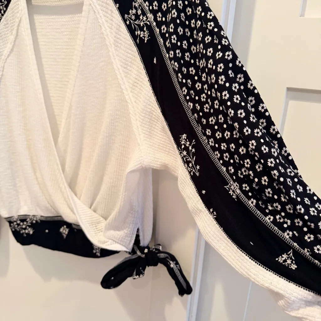 Free People Auxton Thermal Waffle Black White Floral Faux Wrap Top Women's XS - Image 5