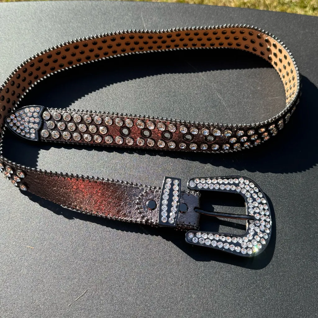 Paper Money Crystal Embellished Black Gunmetal Belt Size 34 - Image 10
