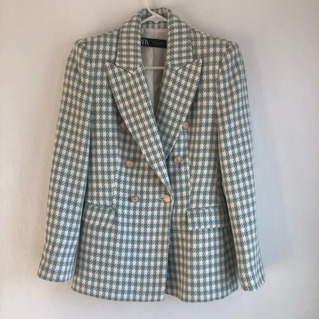 ZARA TAILORED GREEN houndstooth BLAZER SZ Small button details - Image 2