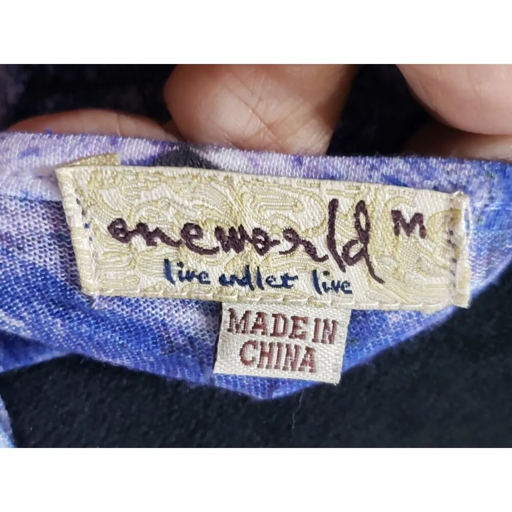 One World Live And Let Live Blouse Top Women Medium Multi Beaded Butterfly Print Gray - Image 3