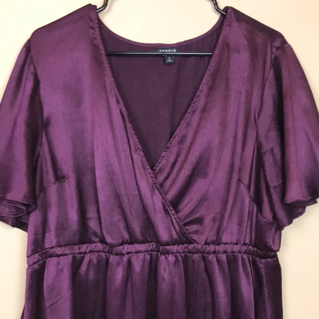 Torrid Women’s Shiny Purple Satin Faux Wrap Flutter Sleeve Defined Waist Blouse - Image 2