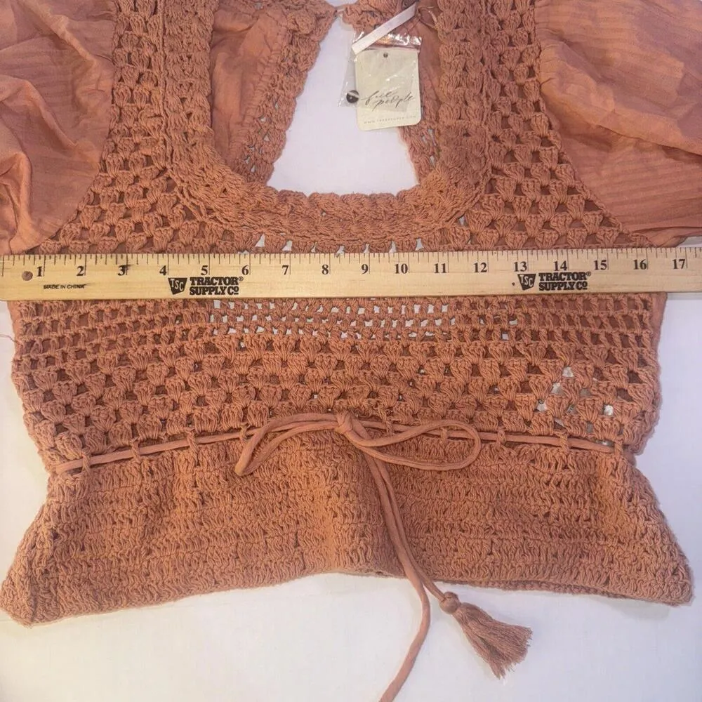 Free People Mini Crop Babydoll Peasant Boho Long Sleeve Crochet Burnt Orange Top - Image 7