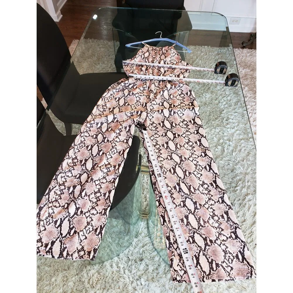 Lush Jumpsuit Womens Medium Multicolor Snakeskin Print Drawstring Waist Wide Leg - Image 7