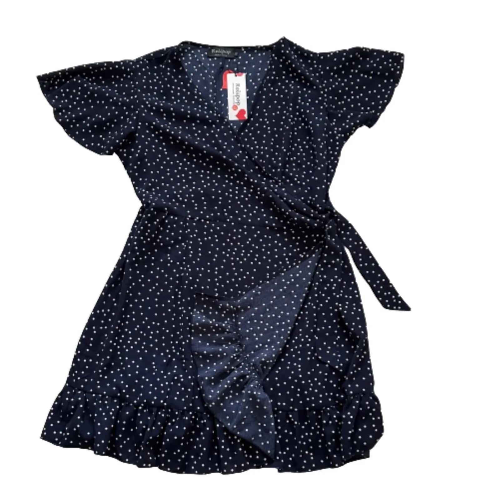 Relipop Wrap Dress Blue White Polka Dot V-Neck Bell Short Sleeve Ruffled XL NEW - Image 8