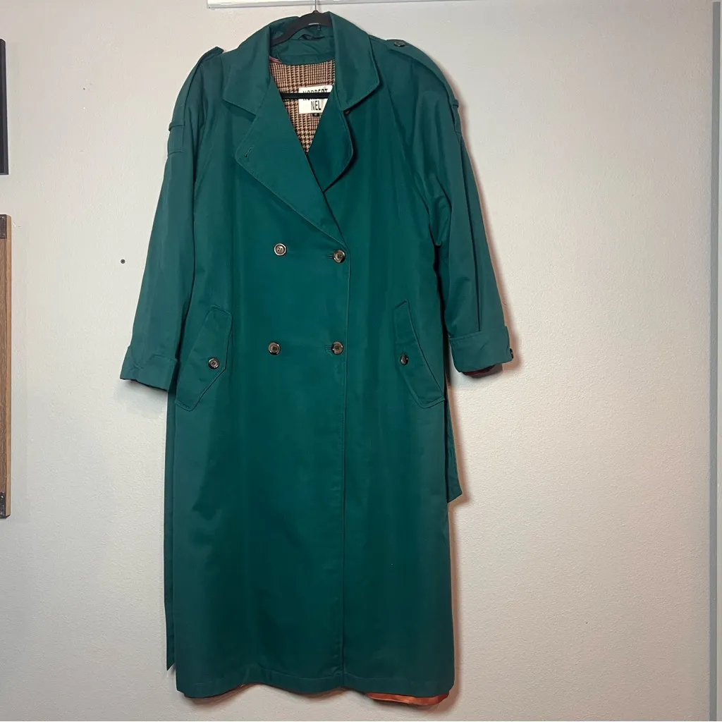 Vintage Double Breasted Trench Coat Womens Teal Green Size 12 Lined Long Belted - Image 3
