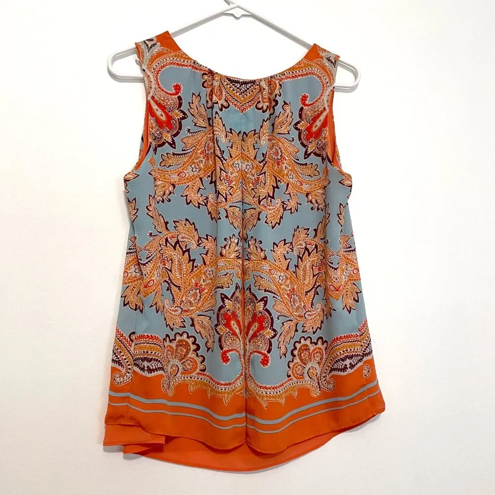 ROSE + OLIVE Orange Blue Paisley Geo Split Back Sleeveless Boho Tank Top Blouse - Image 9