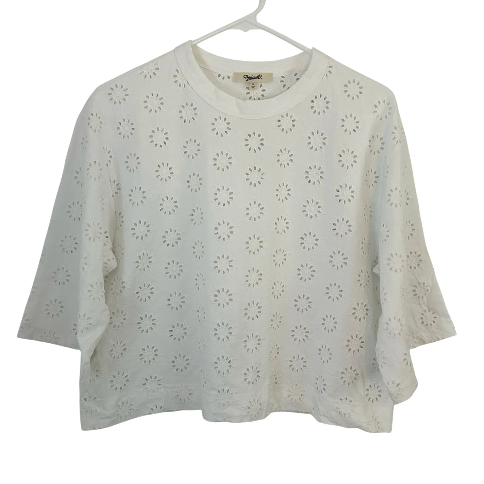 Madewell Women's Floral Eyelet Embroidered Wide-Sleeve Boxy Tee White XS New - Image 2