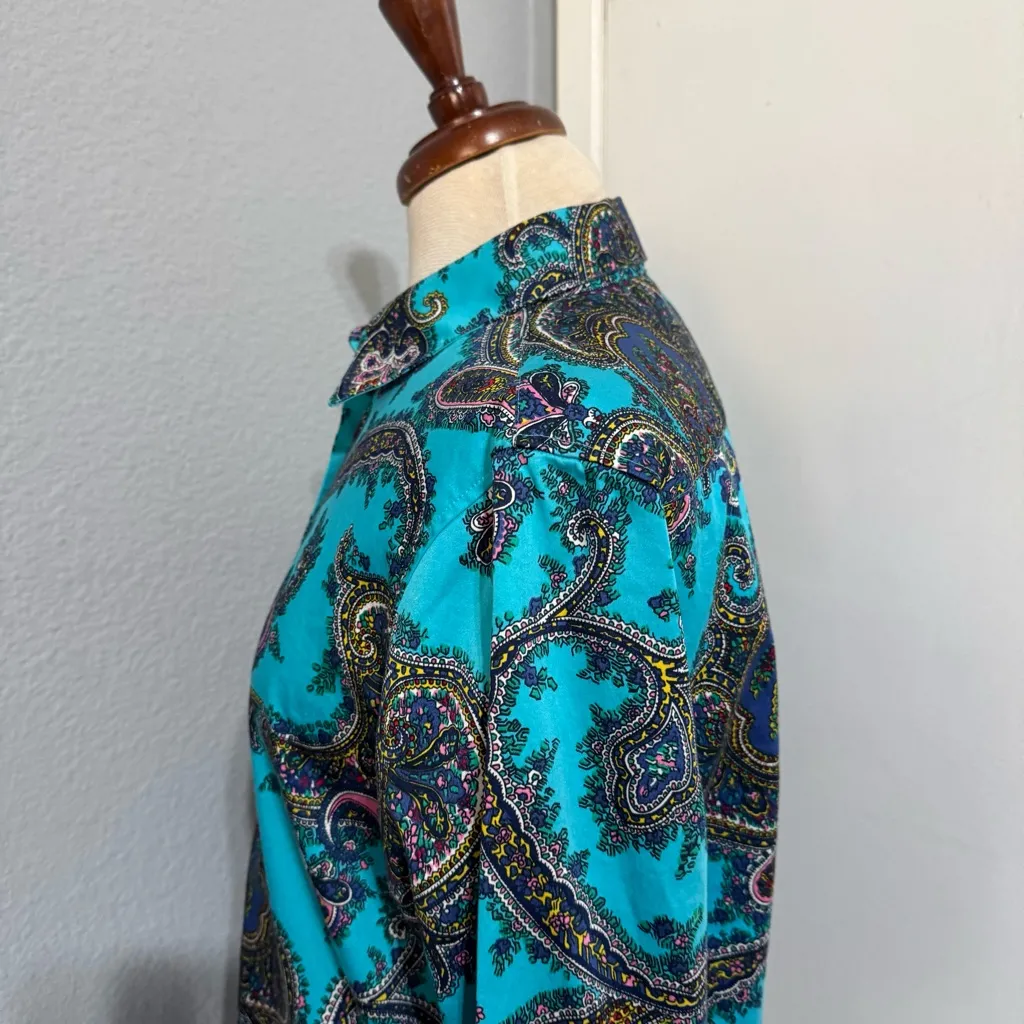 Talbots Women Turquoise Paisley Floral Button-Down Casual Long Sleeve Shirt Sz S - Image 6
