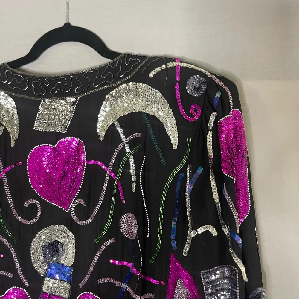 Vintage Creative Creations Beaded Sequin Glamour Jacket Stars Moon Heart Size XL Black - Image 12