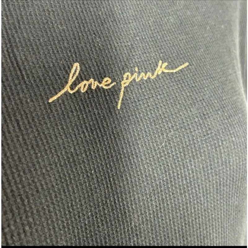 Victoria’s Secret PINK Black Waffle Knit Long Sleeve Top M Gold Glitter Size M - Image 6