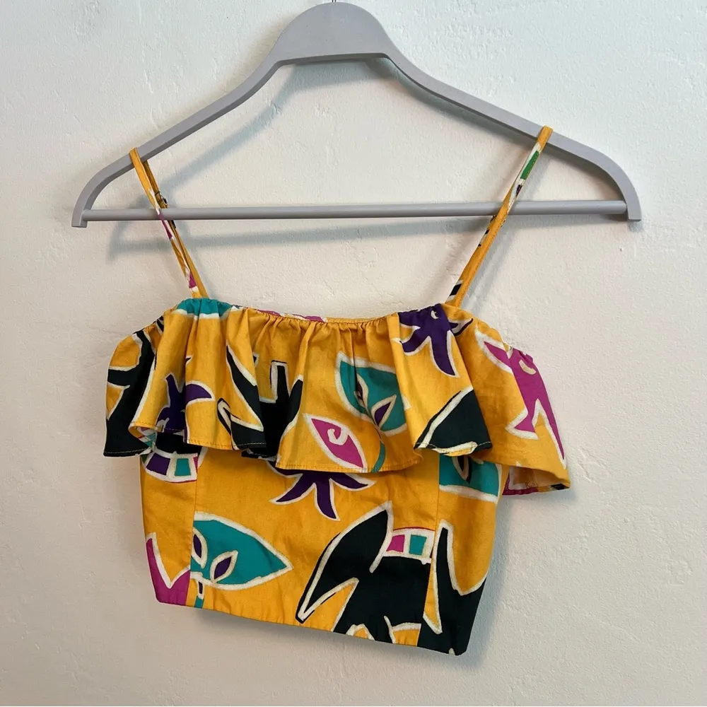 Zara Island Ruffle Floral Geometric Tank Crop Top Yellow Size: Small - Image 5