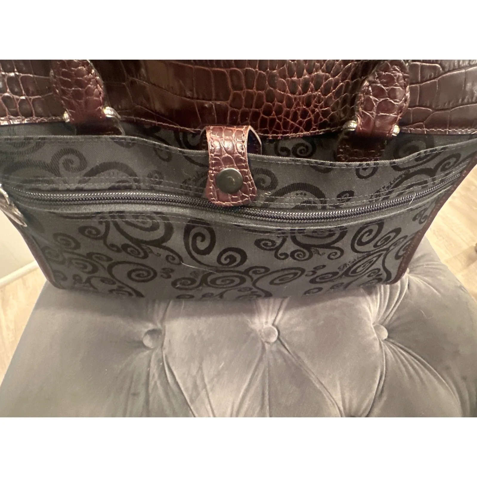 Brighton Lansky Black & Brown Croc Embossed Leather Weekender Travel Duffle Bag - Image 7