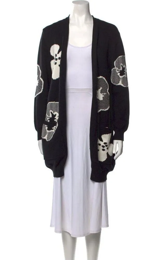 💕MAXMARA💕 Knit Open Front Cardigan Black White Abstract Floral Print Medium - Image 1