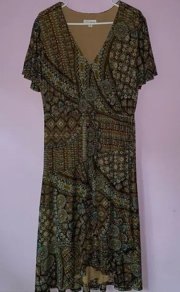 Susan Graver LP Dress Maxi Wrap V Neck Short Sleeve Brown Boho Print - Image 1