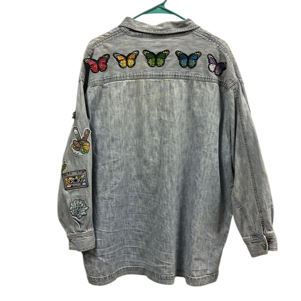 Y2K Nada Nuff Contempo Patch Zip Up Long Sleeve Jean Shirt Jacket Medium Blue - Image 11