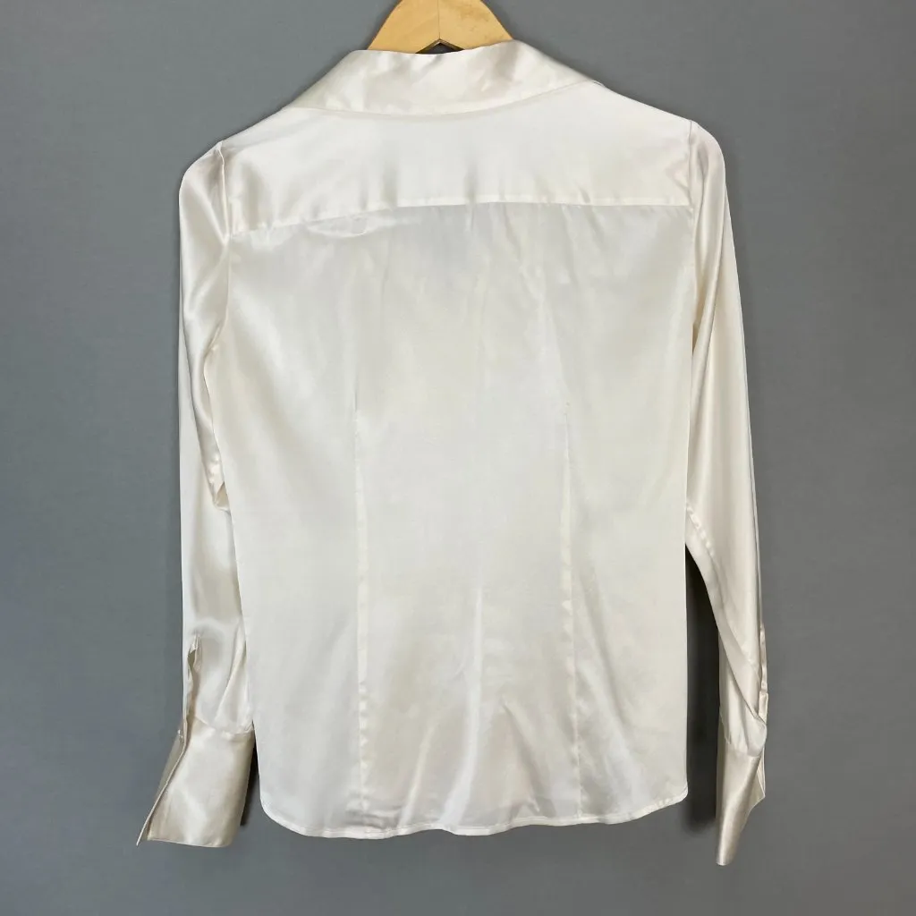 Paperwhite Silk Blouse‎ Stretch Cream White Size 4 Top Ruffle Collar Button - Image 2