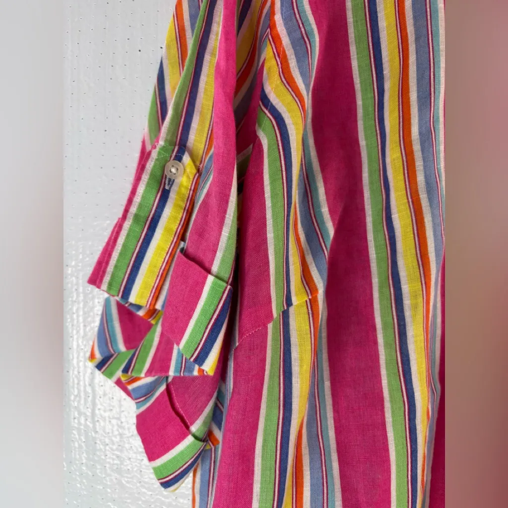 Lauren Ralph Lauren 3X Linen Striped Short Sleeved Blouse in Candy Stripes Pink - Image 6