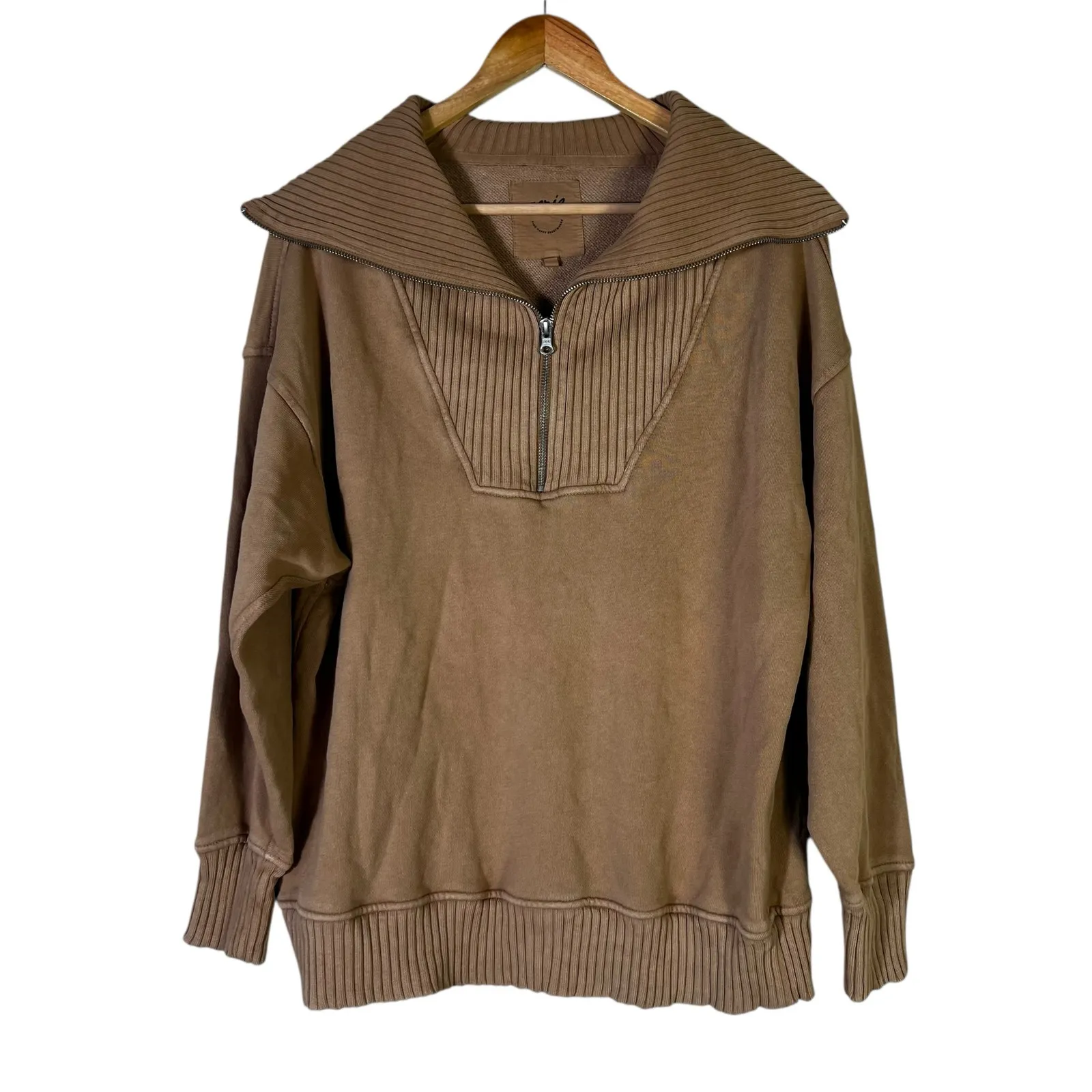 Aerie Oversized Collared Quarter Zip Sweatshirt Size S Brown Ribbed Collar Cozy - Image 2