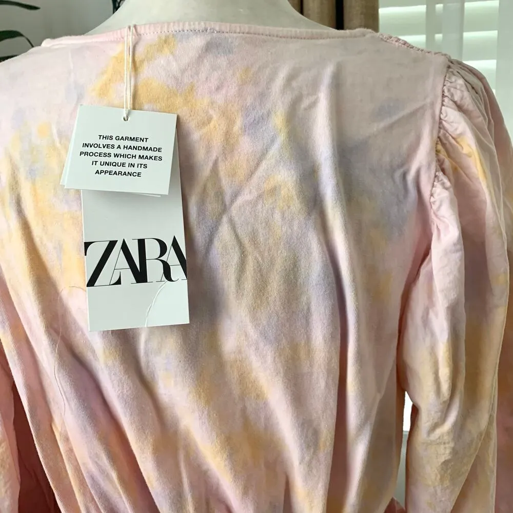Zara Tie Dye Balloon Sleeve Crop Peplum Blouse in Pink Multi - Image 10